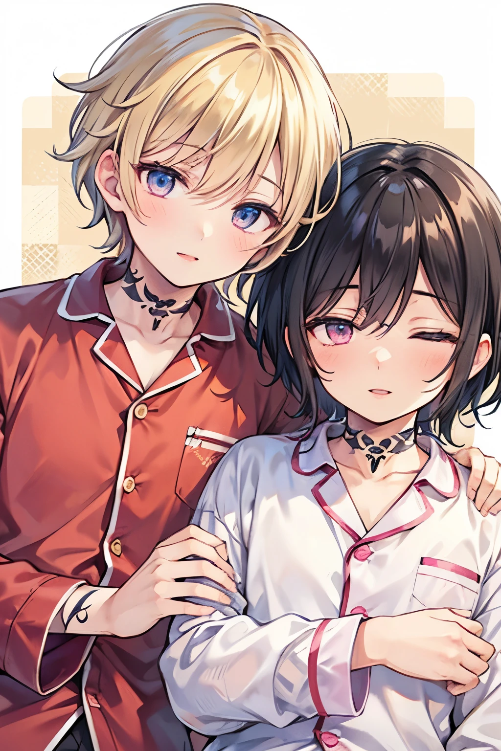 Blonde,  black hair,  for men,  medium hair with visible tattoos ,blue eyes , pink eyes,Beautiful Boy, skinny,lips,2 boys, , Yaoi, Checkered background,((on bedding:0.8)), happy expression ,おはよう☀️, sleeping pajamas , sleeping hair