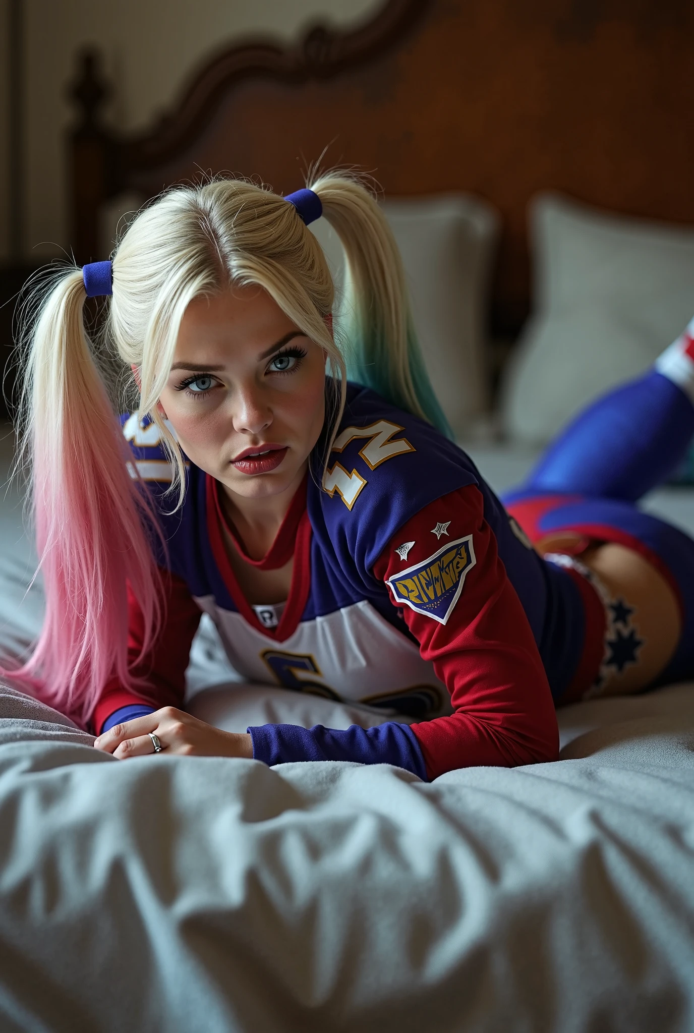 Margot Robbie as Harley Quinn, scantily laid, sexy, children's underwear, schoolgirl