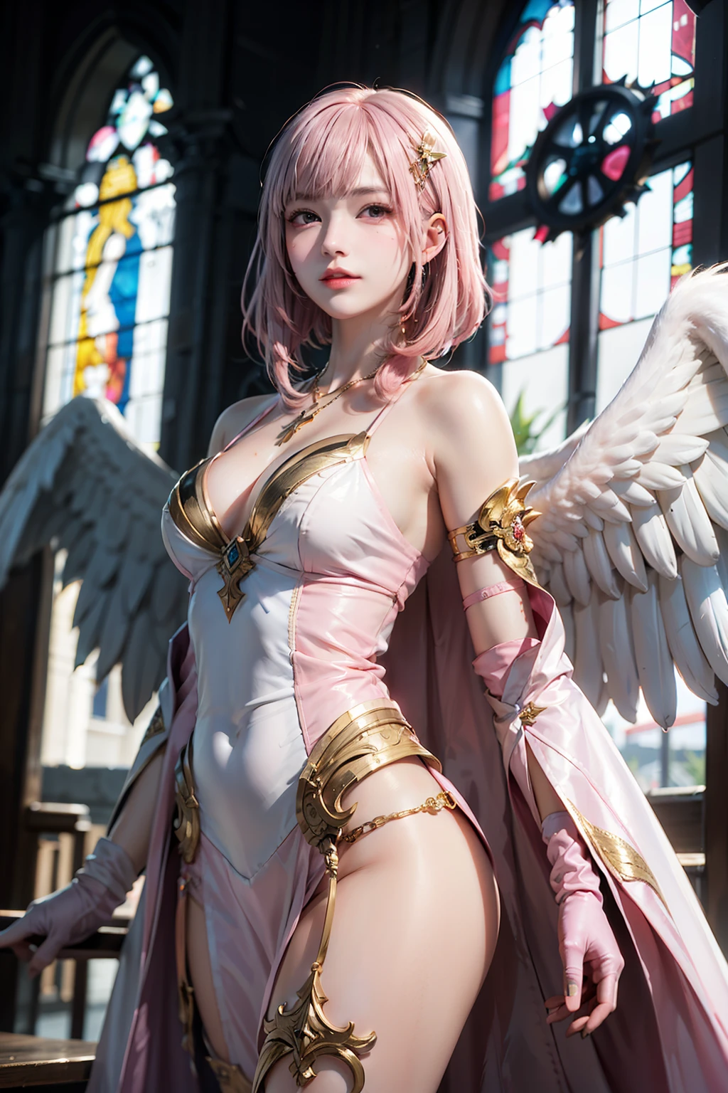 ((masterpiece, best quality, extremely detailed), volumetric lighting, ambient occlusion, colorful, glowing), 
1girl, solo, young girl, (purple hair), long hair, halo, aura, sacred, goddess, cleric suit, (white outfit with gold detailst:1.3), angel wings,
outdoors, sunset, sky, clouds, space, (fantasy theme:1.2),nude,show her tits