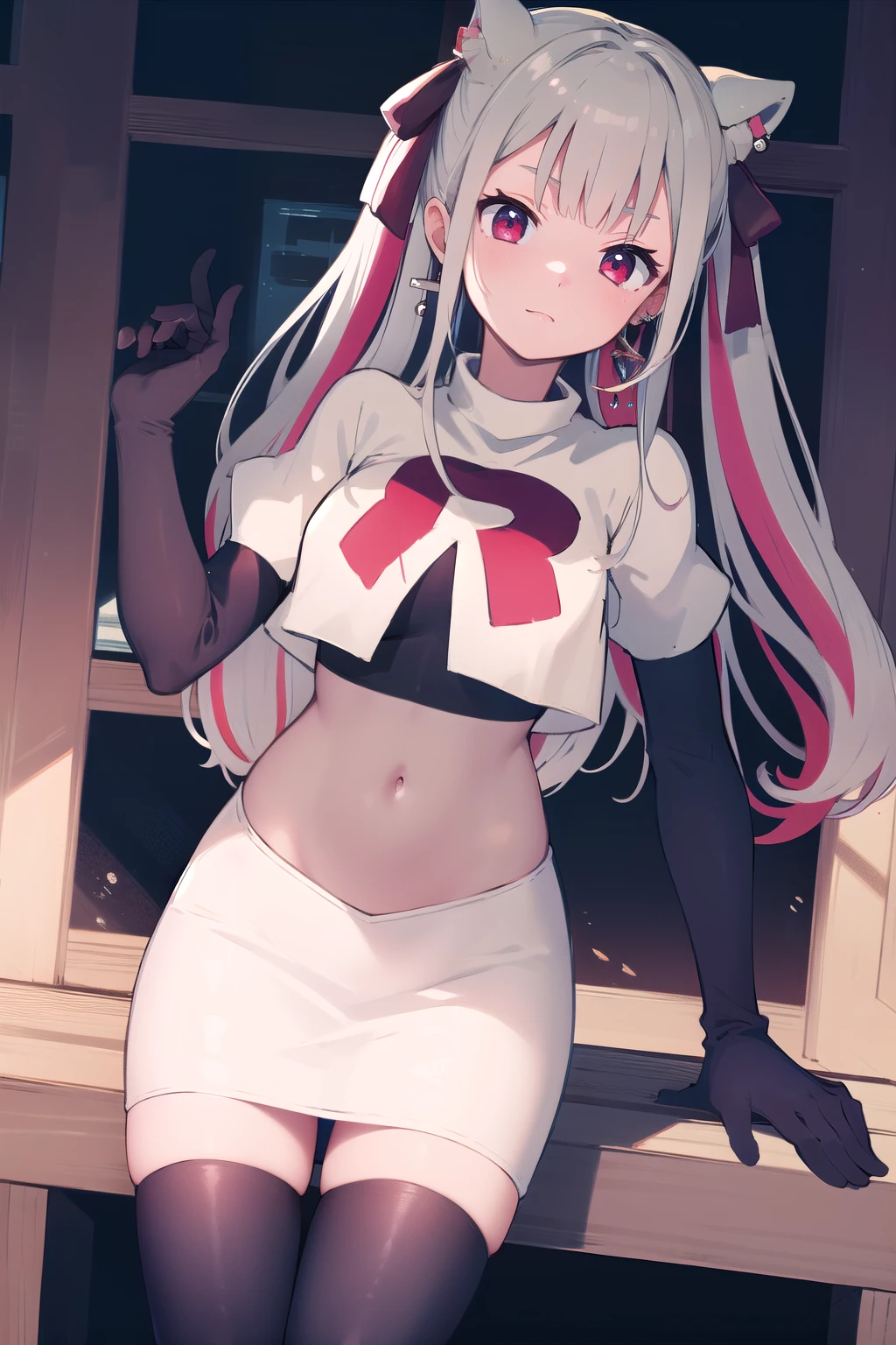 masterpiece, best quality, highres, hmnab, multicolored hair, hair bow, twintails, earrings, cowboy shot, team rocket,team rocket uniform,white skirt,red letter R,crop top,black thigh-highs,black elbow gloves