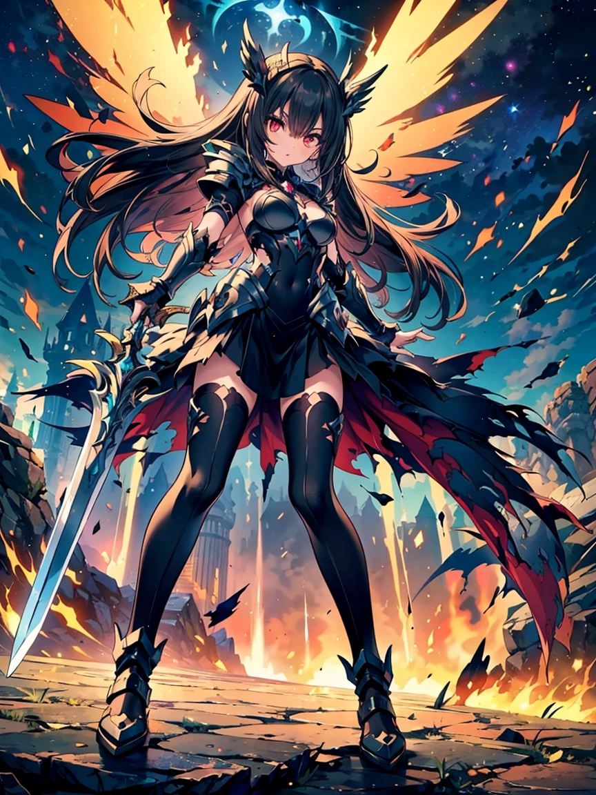 two girls 4k, full body, sexy body, furious eyes, multi colored neon eyes, well designed eyes, higher quality, long hair, hair between the eyes, sexy clothes, cyberpunk ninja clothes, swords in their hands, fight scene intention, fight scene, both fighting, fire elements being launched, fire element around, fire aura