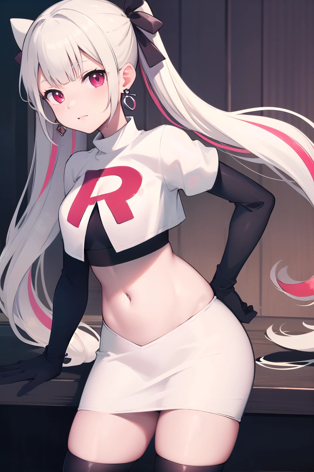 masterpiece, best quality, highres, hmnab, multicolored hair, hair bow, twintails, earrings, cowboy shot, team rocket,team rocket uniform,white skirt,red letter R,crop top,black thigh-highs,black elbow gloves