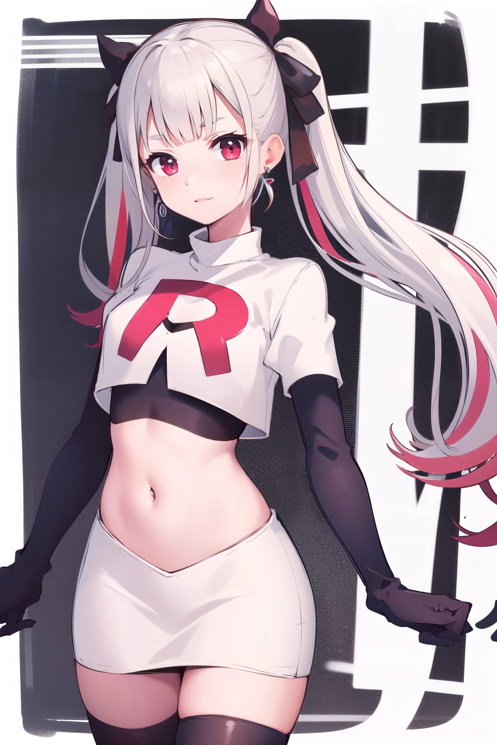 masterpiece, best quality, highres, hmnab, multicolored hair, hair bow, twintails, earrings, cowboy shot, team rocket,team rocket uniform,white skirt,red letter R,crop top,black thigh-highs,black elbow gloves