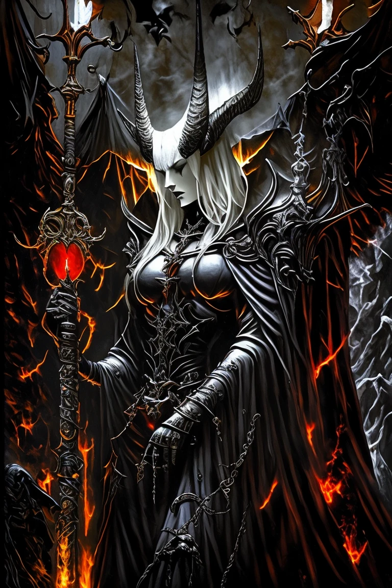 (masterpiece, best quality:1.2), dynamic pose,demon pope, (perfect detailed eyes, face:1.2), burning crystal armor, leather corset,  hood, skulls shoulder pads, giant moon on background, night,