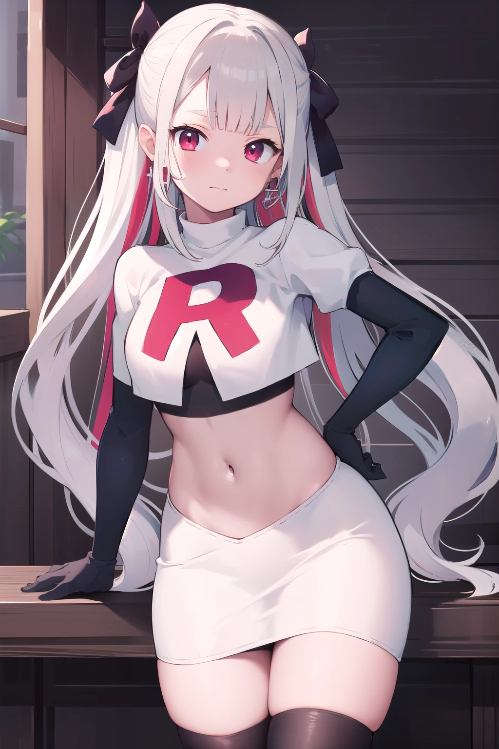 masterpiece, best quality, highres, hmnab, multicolored hair, hair bow, twintails, earrings, cowboy shot, team rocket,team rocket uniform,white skirt,red letter R,crop top,black thigh-highs,black elbow gloves