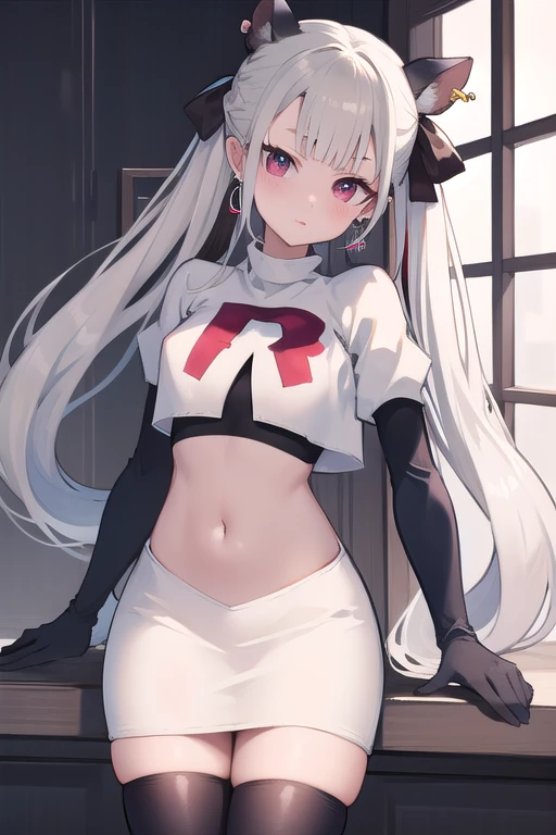 fgokama, kama, hair ribbon, (red eyes:1.5), red ribbon, ribbon, long hair, white hair,
BREAK earrings, jewelry, ring, team rocket,team rocket uniform,white skirt,red letter R,crop top,black thigh-highs,black elbow gloves
BREAK looking at viewer,
BREAK (masterpiece:1.2), best quality, high resolution, unity 8k wallpaper, (illustration:0.8), (beautiful detailed eyes:1.6), extremely detailed face, perfect lighting, extremely detailed CG, (perfect hands, perfect anatomy),