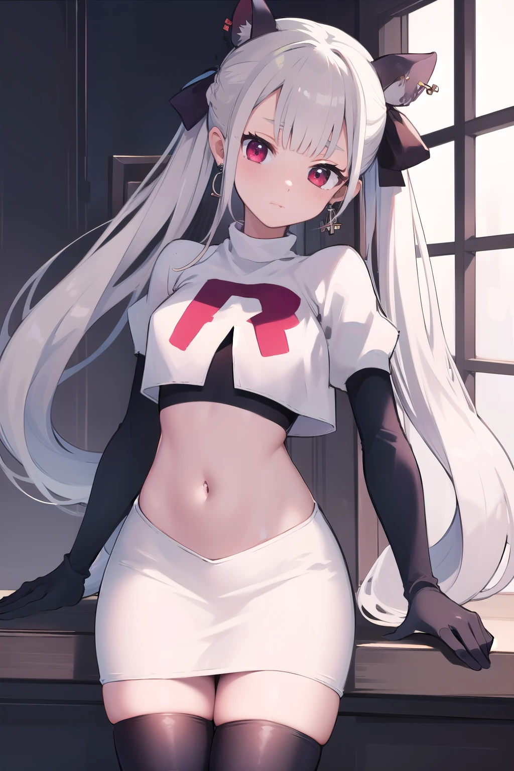 masterpiece, best quality, highres, hmnab, multicolored hair, hair bow, twintails, earrings, cowboy shot, team rocket,team rocket uniform,white skirt,red letter R,crop top,black thigh-highs,black elbow gloves