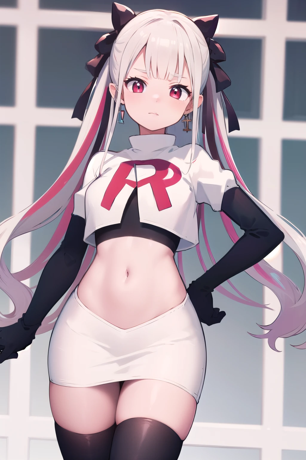 masterpiece, best quality, highres, hmnab, multicolored hair, hair bow, twintails, earrings, cowboy shot, team rocket,team rocket uniform,white skirt,red letter R,crop top,black thigh-highs,black elbow gloves