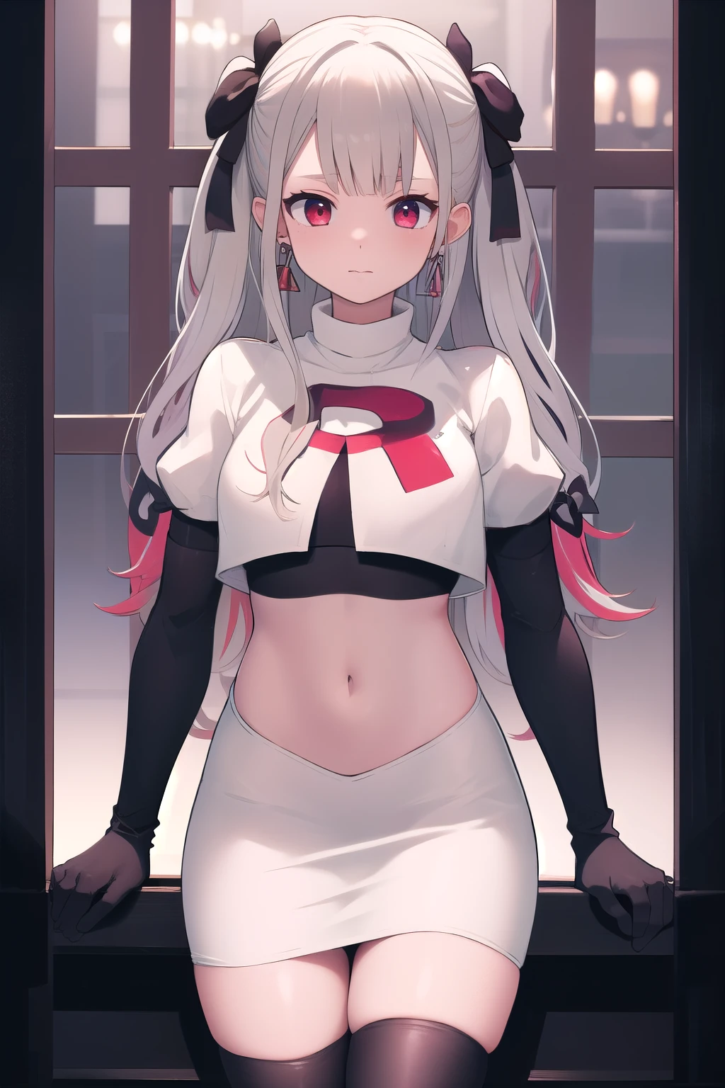 masterpiece, best quality, highres, hmnab, multicolored hair, hair bow, twintails, earrings, cowboy shot, team rocket,team rocket uniform,white skirt,red letter R,crop top,black thigh-highs,black elbow gloves