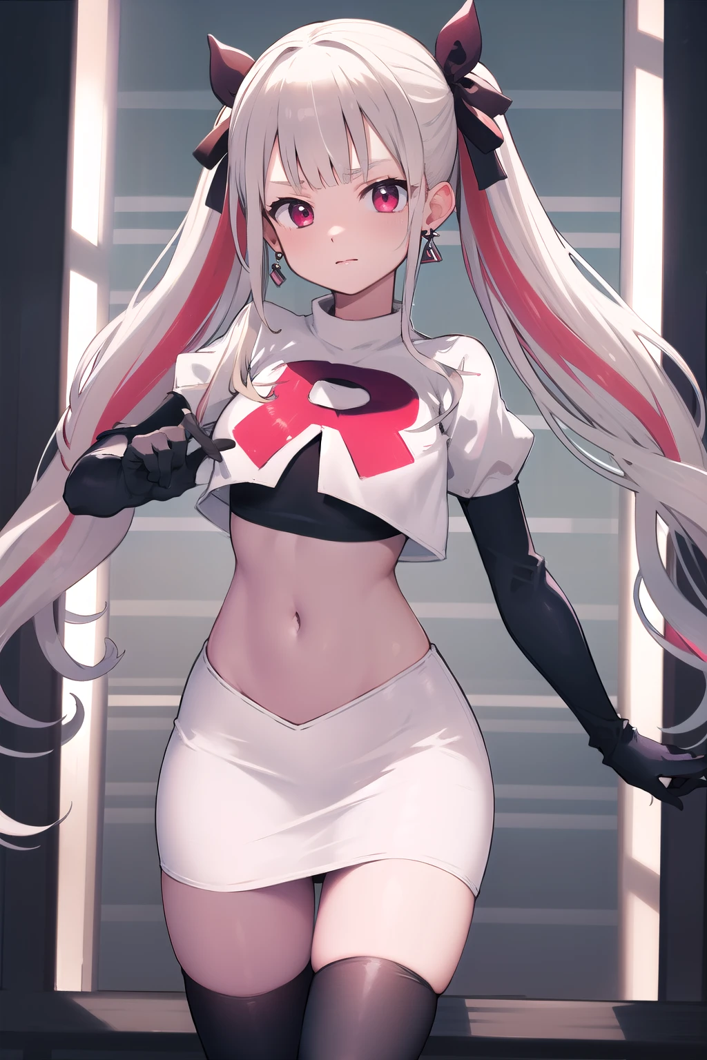 masterpiece, best quality, highres, hmnab, multicolored hair, hair bow, twintails, earrings, cowboy shot, team rocket,team rocket uniform,white skirt,red letter R,crop top,black thigh-highs,black elbow gloves