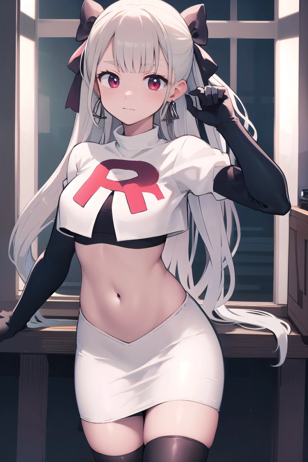 masterpiece, best quality, highres, hmnab, multicolored hair, hair bow, twintails, earrings, cowboy shot, team rocket,team rocket uniform,white skirt,red letter R,crop top,black thigh-highs,black elbow gloves