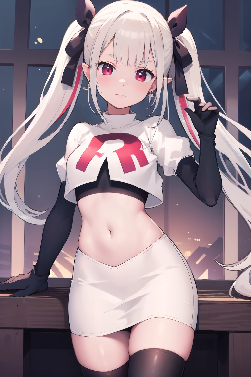 masterpiece, best quality, highres, hmnab, multicolored hair, hair bow, twintails, earrings, cowboy shot, team rocket,team rocket uniform,white skirt,red letter R,crop top,black thigh-highs,black elbow gloves