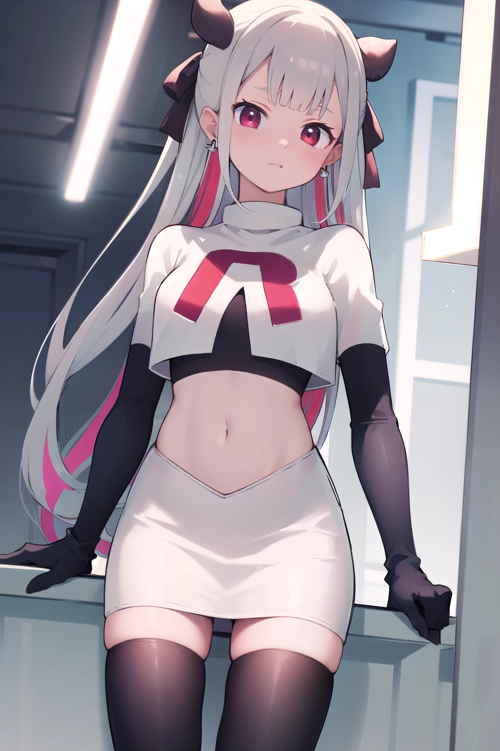 masterpiece, best quality, highres, hmnab, multicolored hair, hair bow, twintails, earrings, cowboy shot, team rocket,team rocket uniform,white skirt,red letter R,crop top,black thigh-highs,black elbow gloves