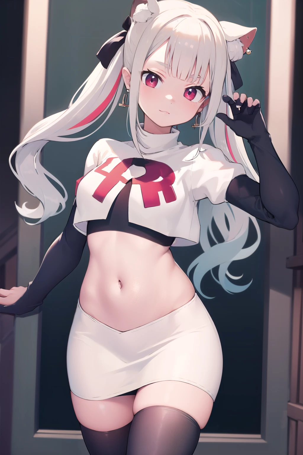 masterpiece, best quality, highres, hmnab, multicolored hair, hair bow, twintails, earrings, cowboy shot, team rocket,team rocket uniform,white skirt,red letter R,crop top,black thigh-highs,black elbow gloves