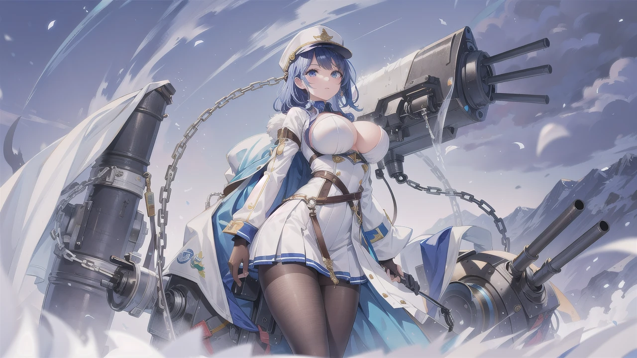 (masterpiece, best quality:1.2),illustration,8k,hd,1girl,solo,large breasts,blue eyes,long hair,avrora (azur lane),hat,pantyhose,black pantyhose,boots,belt,twin braids,braid,fur hat,white footwear,knee boots,white headwear,blush,fur trim,white hair,long sleeves,detached sleeves,bare shoulders,skirt,cleavage,bangs,cross-laced footwear,armpits,lace-up boots,ushanka,black belt,star (symbol),white skirt,ribbon,collarbone,hair between eyes,coat,<lora:Avrora(azur)>,