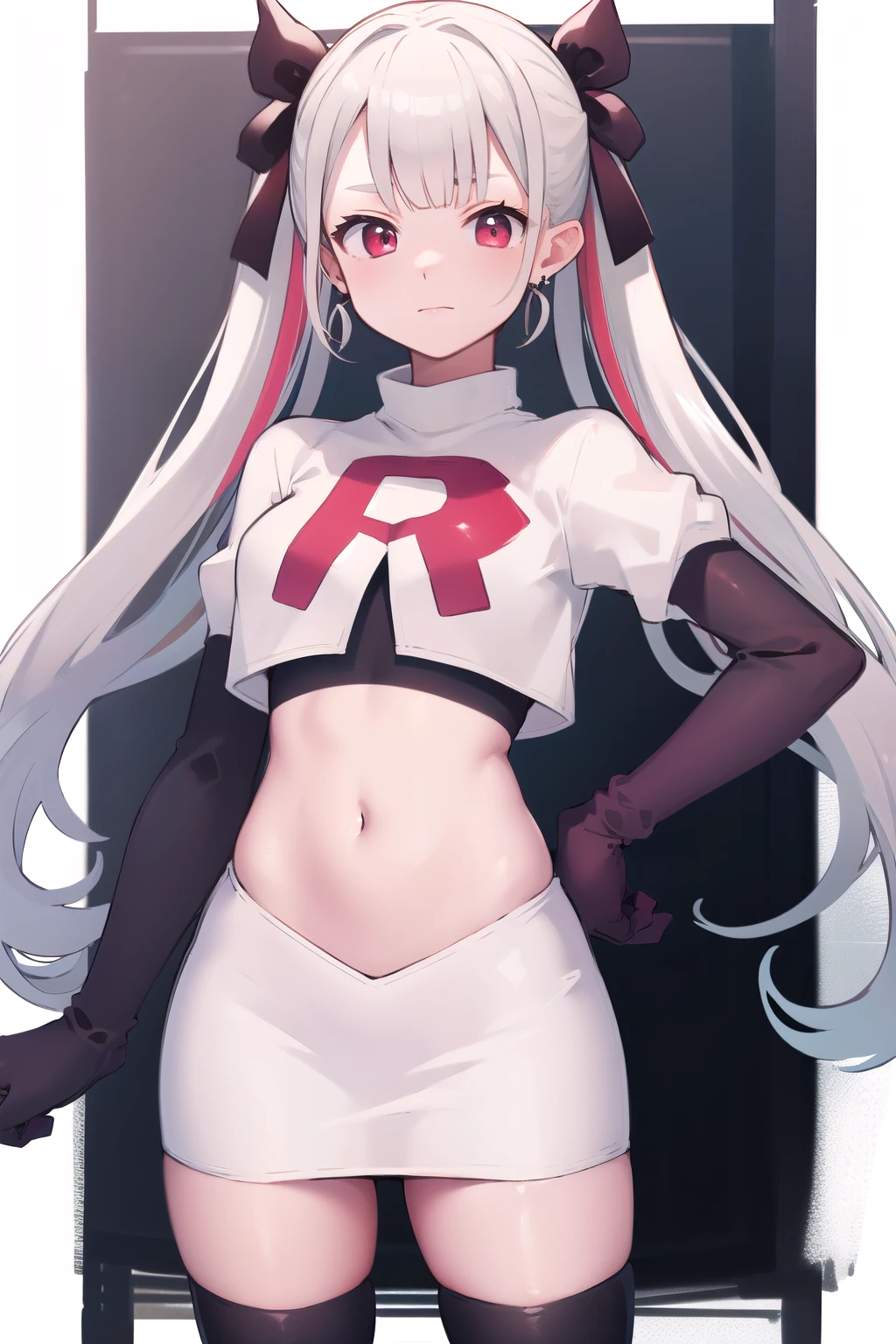 masterpiece, best quality, highres, hmnab, multicolored hair, hair bow, twintails, earrings, cowboy shot, team rocket,team rocket uniform,white skirt,red letter R,crop top,black thigh-highs,black elbow gloves