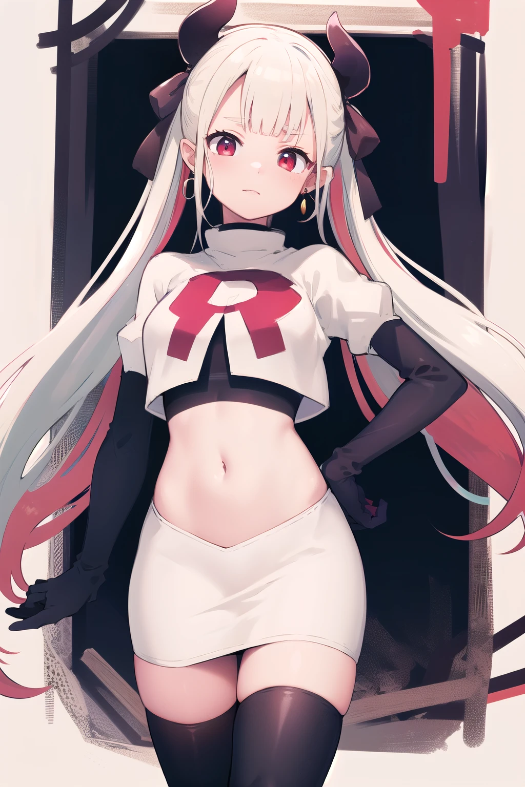 masterpiece, best quality, highres, hmnab, multicolored hair, hair bow, twintails, earrings, cowboy shot, team rocket,team rocket uniform,white skirt,red letter R,crop top,black thigh-highs,black elbow gloves