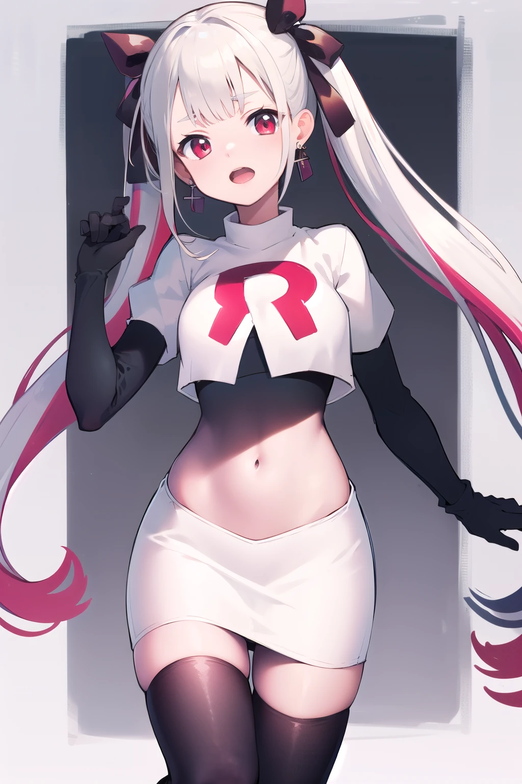 masterpiece, best quality, highres, hmnab, multicolored hair, hair bow, twintails, earrings, cowboy shot, team rocket,team rocket uniform,white skirt,red letter R,crop top,black thigh-highs,black elbow gloves