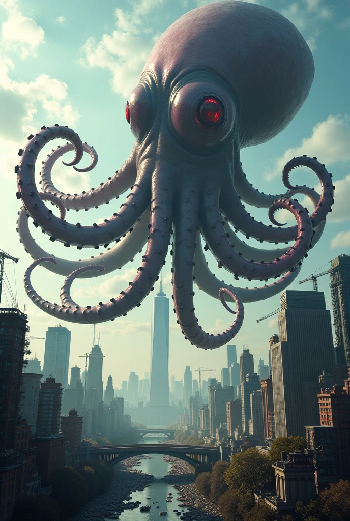 A colossal giant squid, its tentacles as long as skyscrapers, emerging from the murky waters of the ocean, its beady eyes glaring with a mix of rage and primal instinct. The squid has one of its mighty tentacles wrapped around the iconic Monas Tower in Jakarta, the symbol of the city's freedom struggle, and is in the process of toppling it. The monumental tower, a gleaming pillar of concrete and steel, bends under the unimaginable pressure, its golden flame at the top flickering wildly. The surrounding area is in chaos, with waves of water crashing into buildings, vehicles being tossed about like toys, and people fleeing in terror. The sky above is a tumultuous blend of dark and light, with storm clouds clashing with the fiery glow of the setting sun, casting dramatic shadows across the cityscape. The squid's skin is a mottled mix of deep blues and greens, covered in bioluminescent patterns that flicker ominously, creating an eerie light show against the backdrop of destruction. The creature's head is a nightmarish vision, with a beak-like mouth open in a silent scream, revealing rows of sharp teeth. The streets of the city are flooded, with debris and buildings crumbling into the water. The panic-stricken expressions on the faces of the citizens and the sheer scale of the giant squid dominate the scene, creating a stark contrast between the natural and man-made worlds in a battle for supremacy. The image captures the awe-inspiring power of nature and the fragility of human constructs in the face of the unknown depths of the ocean.