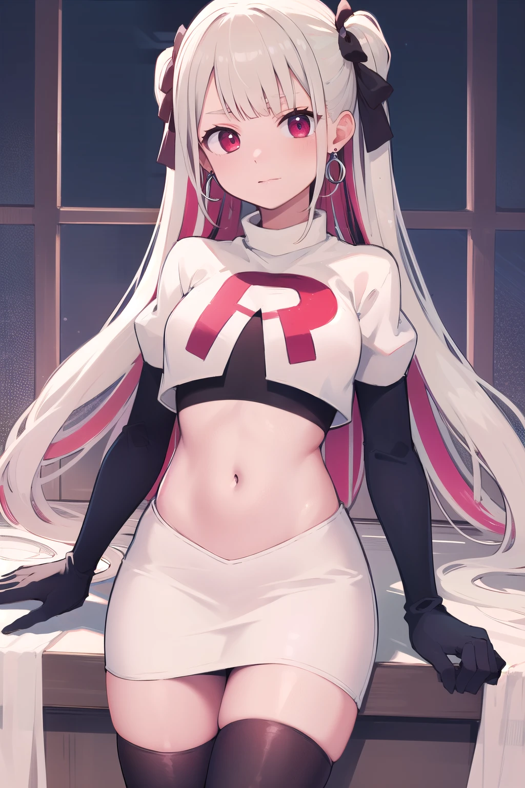 masterpiece, best quality, highres, hmnab, multicolored hair, hair bow, twintails, earrings, cowboy shot, team rocket,team rocket uniform,white skirt,red letter R,crop top,black thigh-highs,black elbow gloves