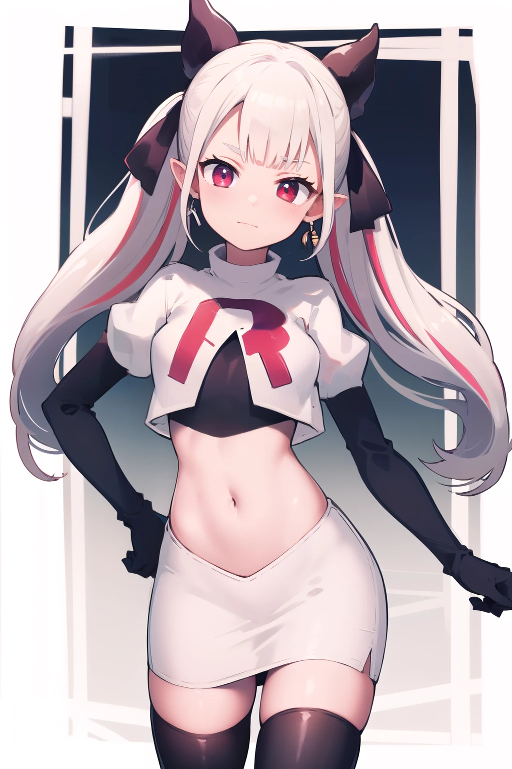 masterpiece, best quality, highres, hmnab, multicolored hair, hair bow, twintails, earrings, cowboy shot, team rocket,team rocket uniform,white skirt,red letter R,crop top,black thigh-highs,black elbow gloves