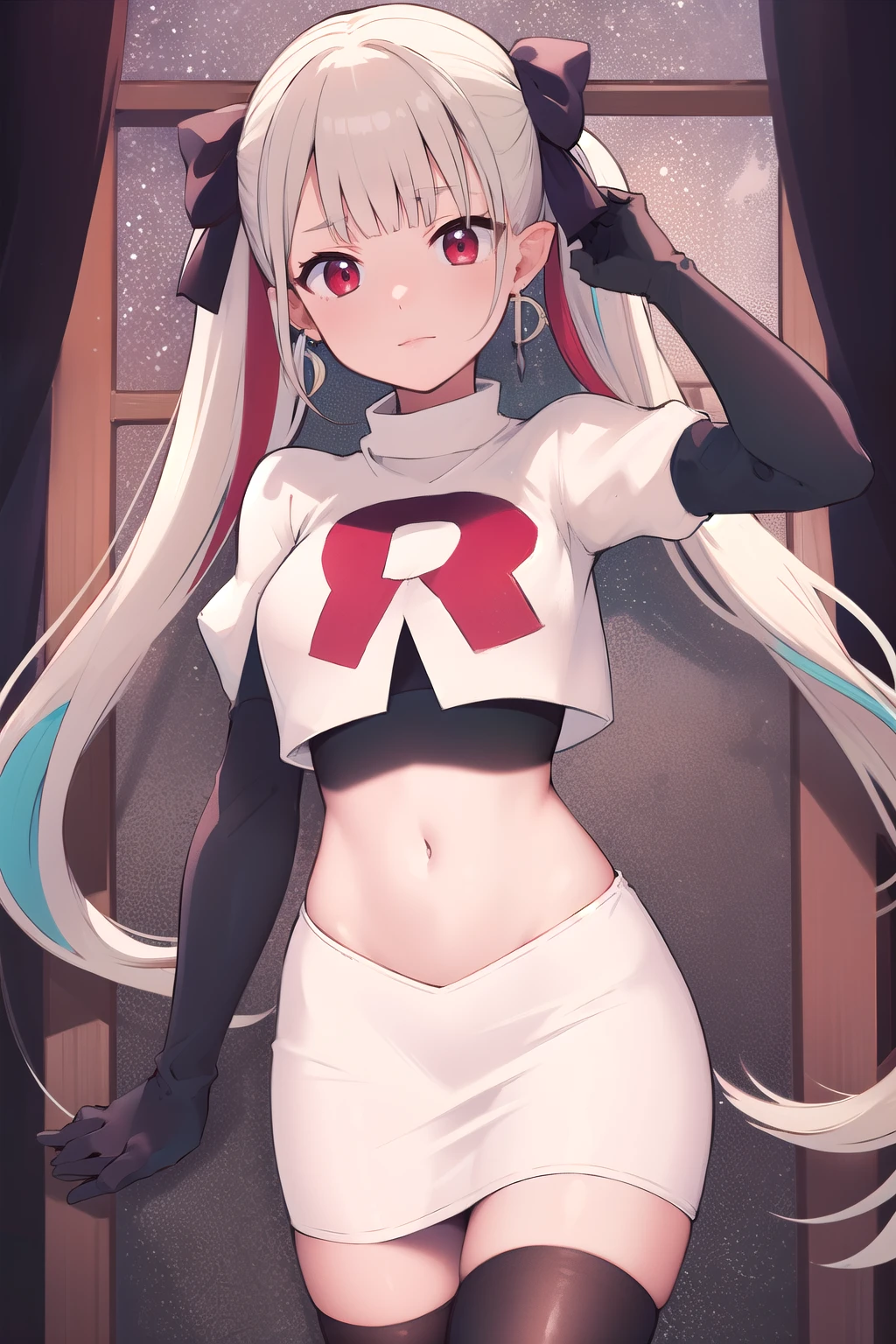 masterpiece, best quality, highres, hmnab, multicolored hair, hair bow, twintails, earrings, cowboy shot, team rocket,team rocket uniform,white skirt,red letter R,crop top,black thigh-highs,black elbow gloves