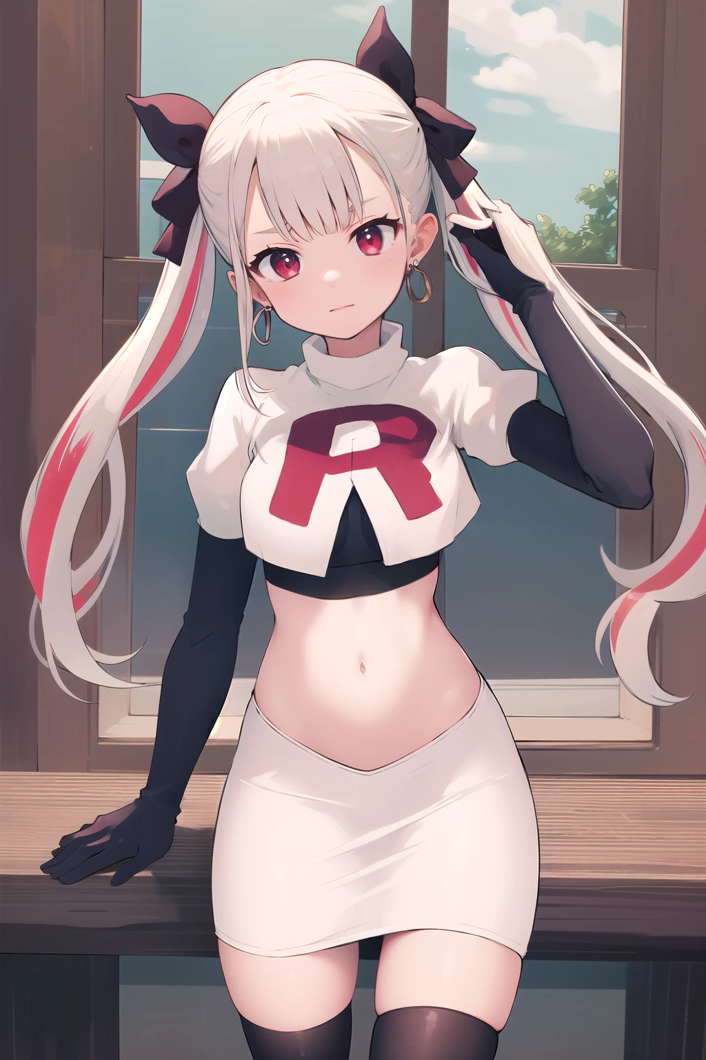 masterpiece, best quality, highres, hmnab, multicolored hair, hair bow, twintails, earrings, cowboy shot, team rocket,team rocket uniform,white skirt,red letter R,crop top,black thigh-highs,black elbow gloves