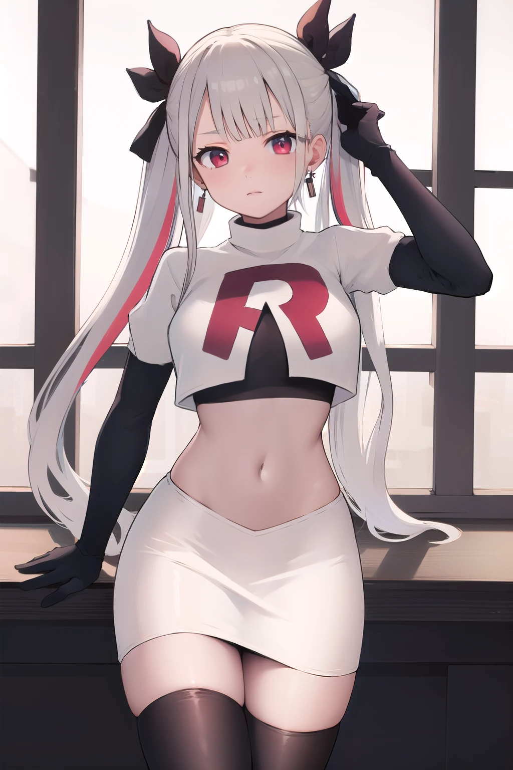 (masterpiece, best quality:1.2),illustration,8k,hd,1girl,solo,animal_ears,cat_ears,bow,long_hair,hair_bow,white_hair,bangs,medium_breasts,black_bow,ribbon,fang,twintails,animal_ear_fluff,red_eyes,hair bow,navel,team rocket,team rocket uniform,white skirt,red letter R,crop top,black thigh-highs,black elbow gloves