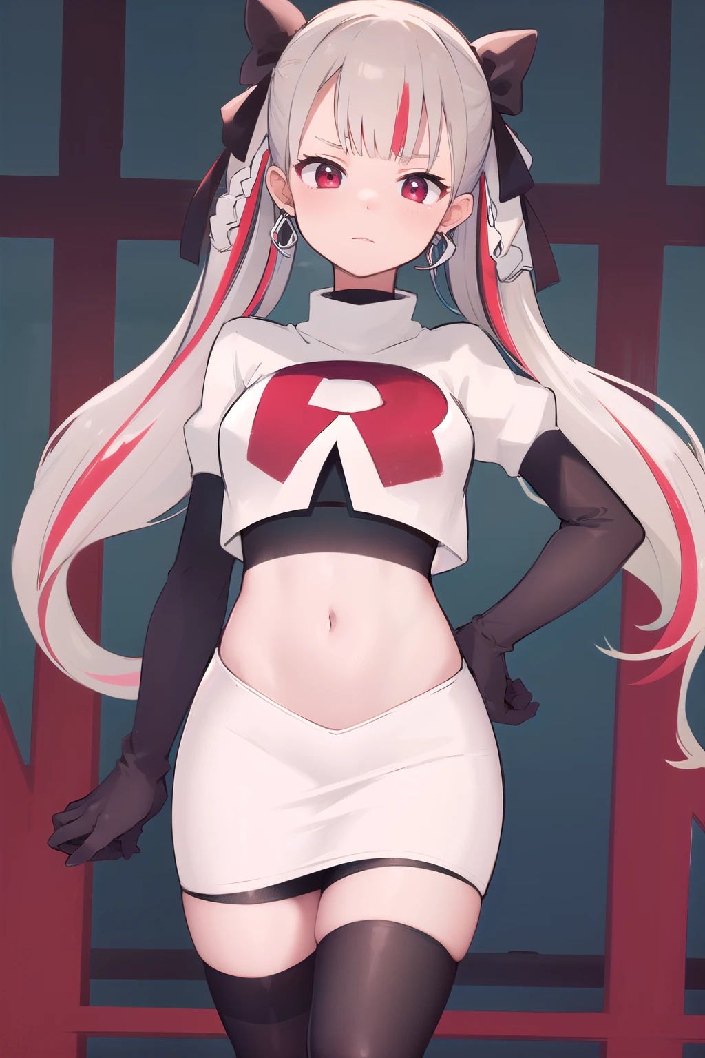 masterpiece, best quality, highres, hmnab, multicolored hair, hair bow, twintails, earrings, cowboy shot, team rocket,team rocket uniform,white skirt,red letter R,crop top,black thigh-highs,black elbow gloves