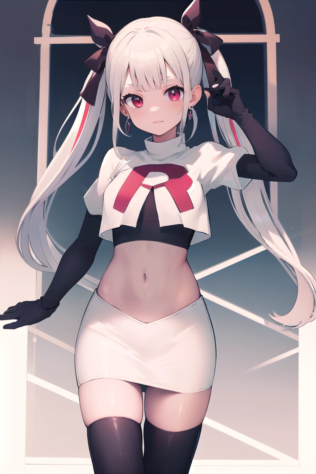 masterpiece, best quality, highres, hmnab, multicolored hair, hair bow, twintails, earrings, cowboy shot, team rocket,team rocket uniform,white skirt,red letter R,crop top,black thigh-highs,black elbow gloves