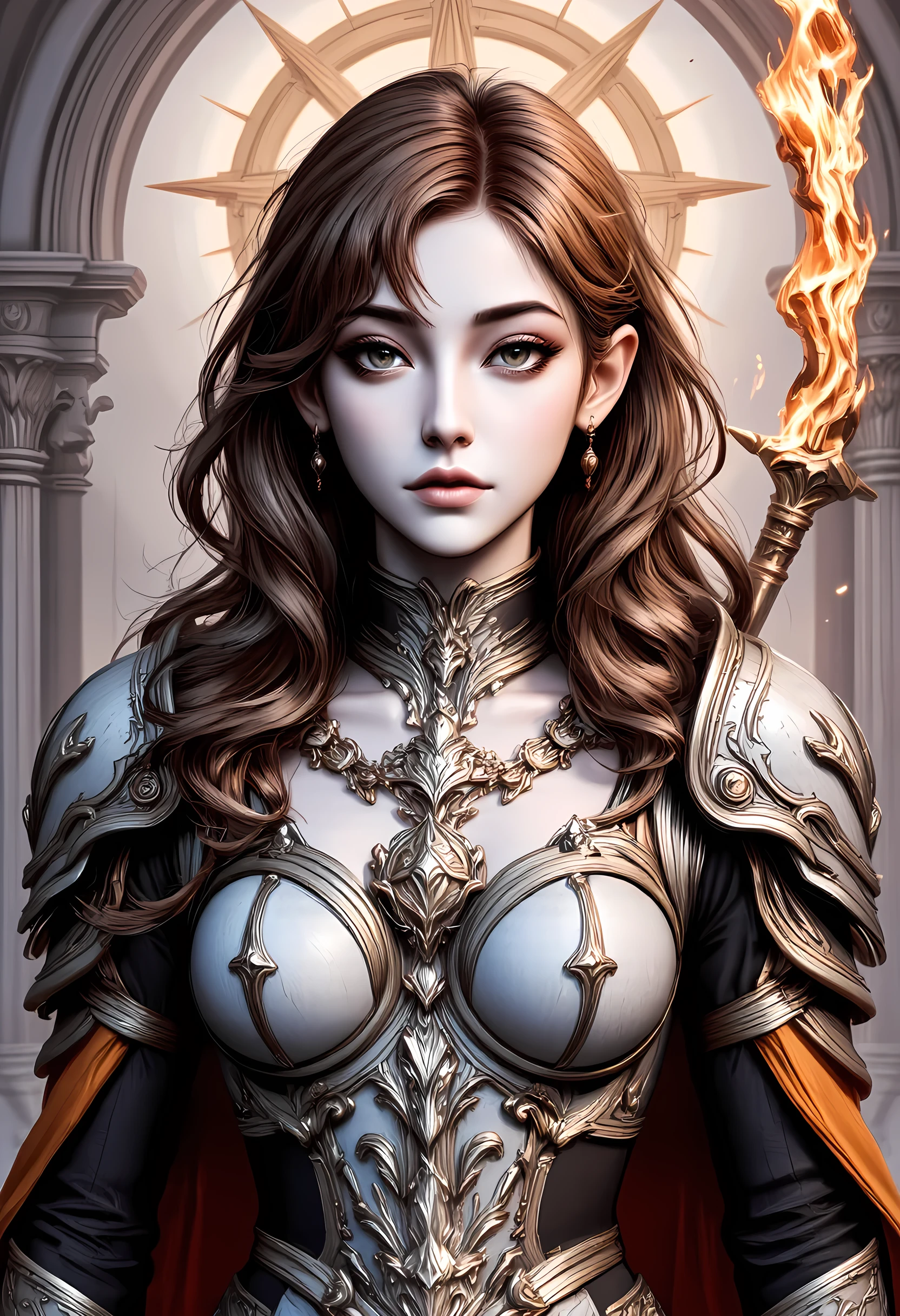 fantasy art, dnd art, RPG art, wide shot, (masterpiece: 1.4) a (portrait: 1.3) intense details, highly detailed, photorealistic, best quality, highres, portrait a female (fantasy art, Masterpiece, best quality: 1.3) ((blue skin: 1.5)), intense details facial details, exquisite beauty, (fantasy art, Masterpiece, best quality) cleric, ((cobalt blue skin: 1.5)) female, (dark red hair: 1.5)), long hair, (((no ears: 1.5))), (green eyes: 1.3), armed with a fiery sword red fire, wearing (twilight priestly combat vestments: 1.5), wearing (white armor: 1.1),  wearing high heeled laced boots, wearing an (orange cloak:1.3), wearing glowing sun holy symbol  fantasy temple background, reflection light, high details, best quality, 16k, [ultra detailed], masterpiece, best quality, (extremely detailed), close up, ultra wide shot, photorealistic, RAW, fantasy art, dnd art, fantasy art, realistic art,((best quality)), ((masterpiece)), (detailed), perfect face, Cinematic Hollywood Film style, hyp3rd3tail style