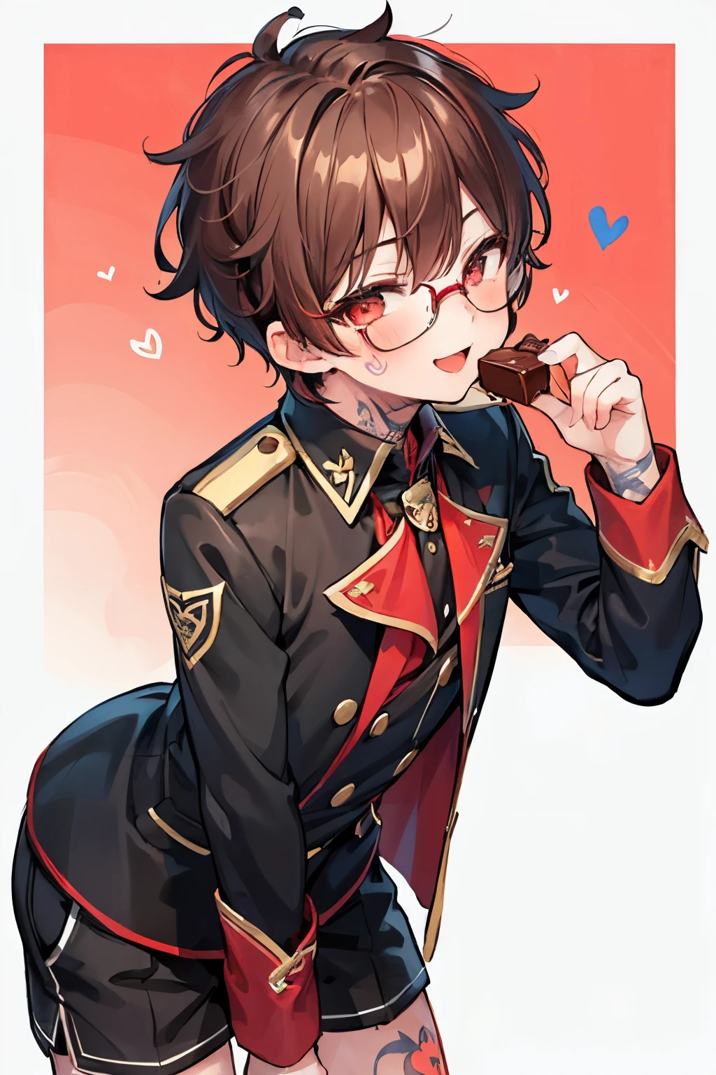 ((1-boy :1.5)),((Adult men with sex appeal:1.0)),Happy smiles,red-cheek,Short Hair, brown hair,Red color eyes,♥️,chocolate,long sleeve shorts uniform,EAT ME♥️,((tattoo on thigh:1.0)),(glasses:0.8),cute background