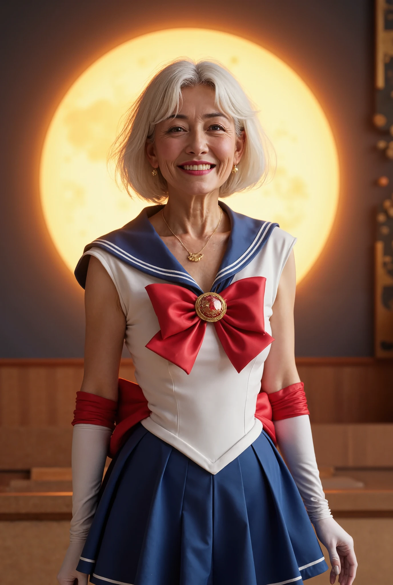 photorealistic、 full body image 、60 years old Japanese old woman、Pretty Woman Warrior Sailor Moon、A thin and poor figure、 fine wrinkles, freckles, and moles on the skin 、 shy laugh 、 looking at the camera、The beautiful Royal Palace of the Moon illuminated by the dazzling sun、 Sailor Moon Outfit