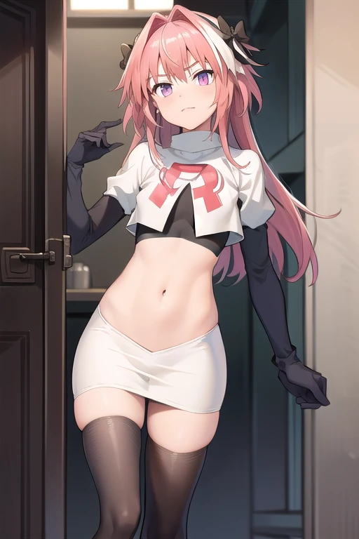 1girl in,Pink hair,Lift your clothes with both hands