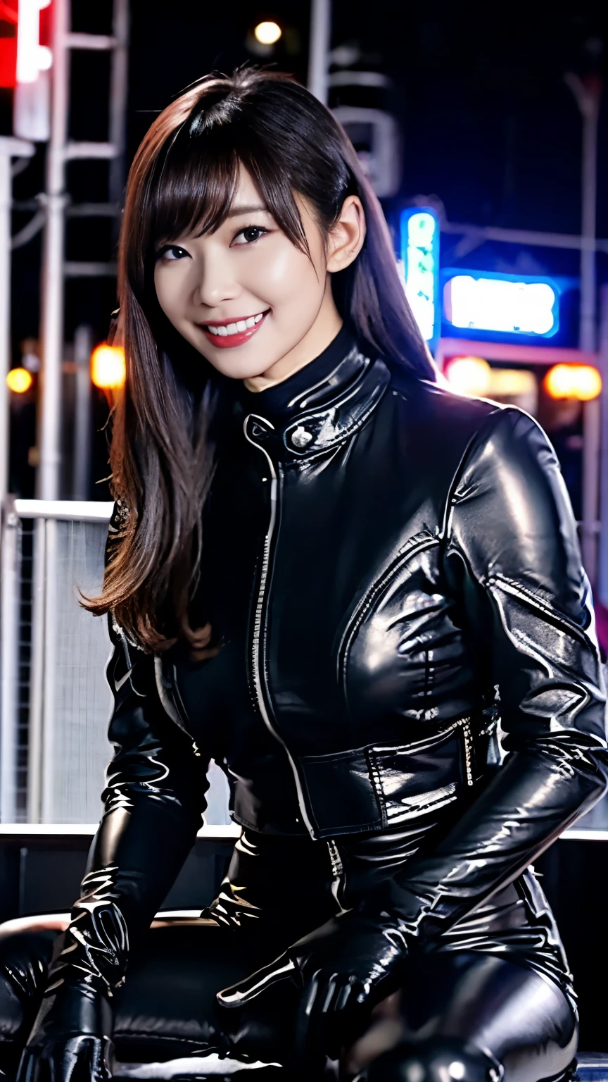 glossy black leather biker jacket, Black leather gloved fingertips on both hands,Wearing black leather gloves,Sitting in a black leather chair、 Japanese female new recruits (Black leather gloves cover both hands) (The angle is horizontal)、Black Leather Pants,Black Leather Black Leather Pants, black leather skinny pants 、very tight fit.   Black long leather boots on both feet、 black hair ponytail((She wears black leather gloves on her hands))Full Body Photo, full body shot full body full body leather suit ,☺(Long boots plus leather pants boots in :1.4)、Full body shot from head to toe、very tight fit. If you turn in this direction。Wearing black leather gloves,Wearing black leather gloves,Wearing black leather gloves,Wearing black leather gloves,Wearing black leather gloves,Wearing black leather gloves,黒のレザーパンツが美しい😍黒のレザーパンツが美しい😍黒のレザーパンツが美しい,😍こちらを見ながら笑faceで微笑んでる,City lights、(Cyberpunk City Street:1.3))、 Detailed Lighting 、

 best image quality 、 super high definition、( realism:1.4)、Korean Beauty Star、The most beautiful KPOP stars、face、Horny Korean Makeup、A body that makes you want to touch it、Realistic leather texture、Costume made of smooth leather fabric、The drape of the curved parts of the leather fabric、The costume is very shiny、Quality of the costume、8K Photo Quality、(shy Smile:1.4)