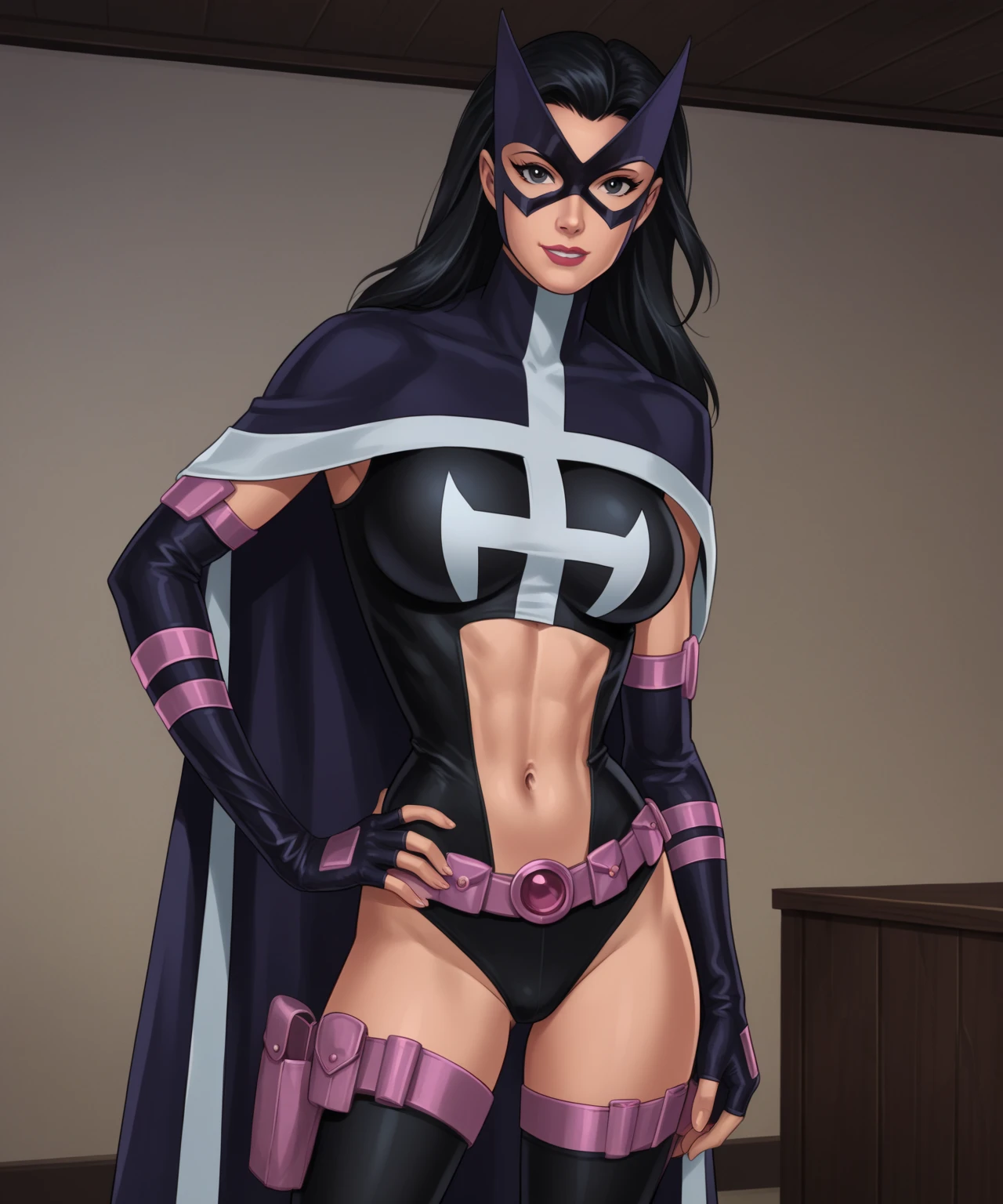 (masterpiece),
sexy pose,
proud mood,
looking at viewer,
CARTOON_DC_huntress_ownwaifu,
black hair, long hair,  blue eyes,
cape,mask,(thong leotard,highleg leotard),
gloves,
dim light,
detailed background of Metropolis,
<lora:add_detail:1>   <lora:CARTOON_DC_huntress_ownwaifu:0.7>