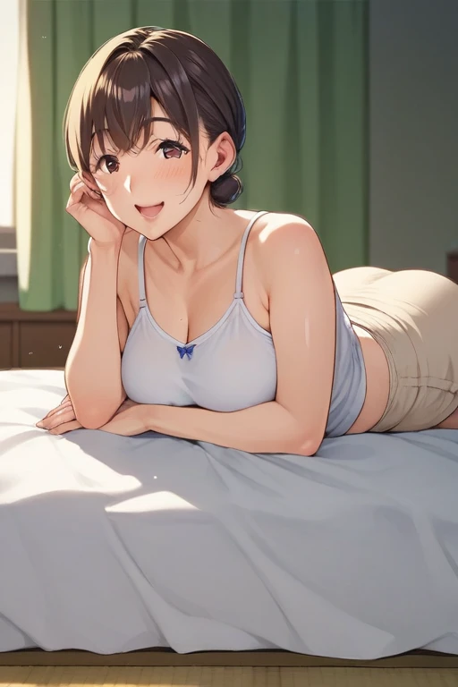 perfect quality, best quality, masterpiece,
<lora:AIU(Illust)0.2v:1>
smile, short hair, brown hair, blue eyes, looking at viewer, medium breasts, white t-shirt, black shorts,
bedroom, window, curtains, bed, on bed, on knees,
 <lora:greenbedroom_illustrious:1> green bedroom,