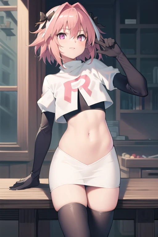 absurdres, masterpiece, best quality, (astolfo fate:1.2155), 1boy, male focus, trap, pink multicolored hair, pink hair, white hair, hair intakes, long hair, pink detailed eyes, crossdressing,1boy, team rocket,team rocket uniform, red letter R, white skirt,white crop top,black thigh-highs,black elbow gloves