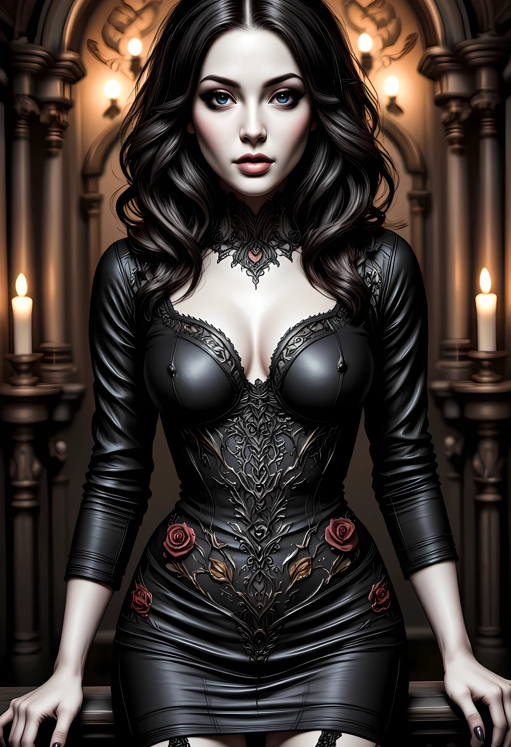 Arafed, Dark fantasy art, fantasy art, goth art, a picture of a goth female vampire, pale white skin, Ultra detailed face, Best Detailed face, black hair, long hair, wavy hair, blue eyes, (vampire fangs: 1.3), blood stains, she wears a black leather dress, intricate dress, tight dress, there are roses imprinted on the dress, red roses, high heels, candles light, full body shot, dark glamour shot, dark castle, dark, black and color, Art Deco, hyp3rd3tail style, aidmafluxpro1.1