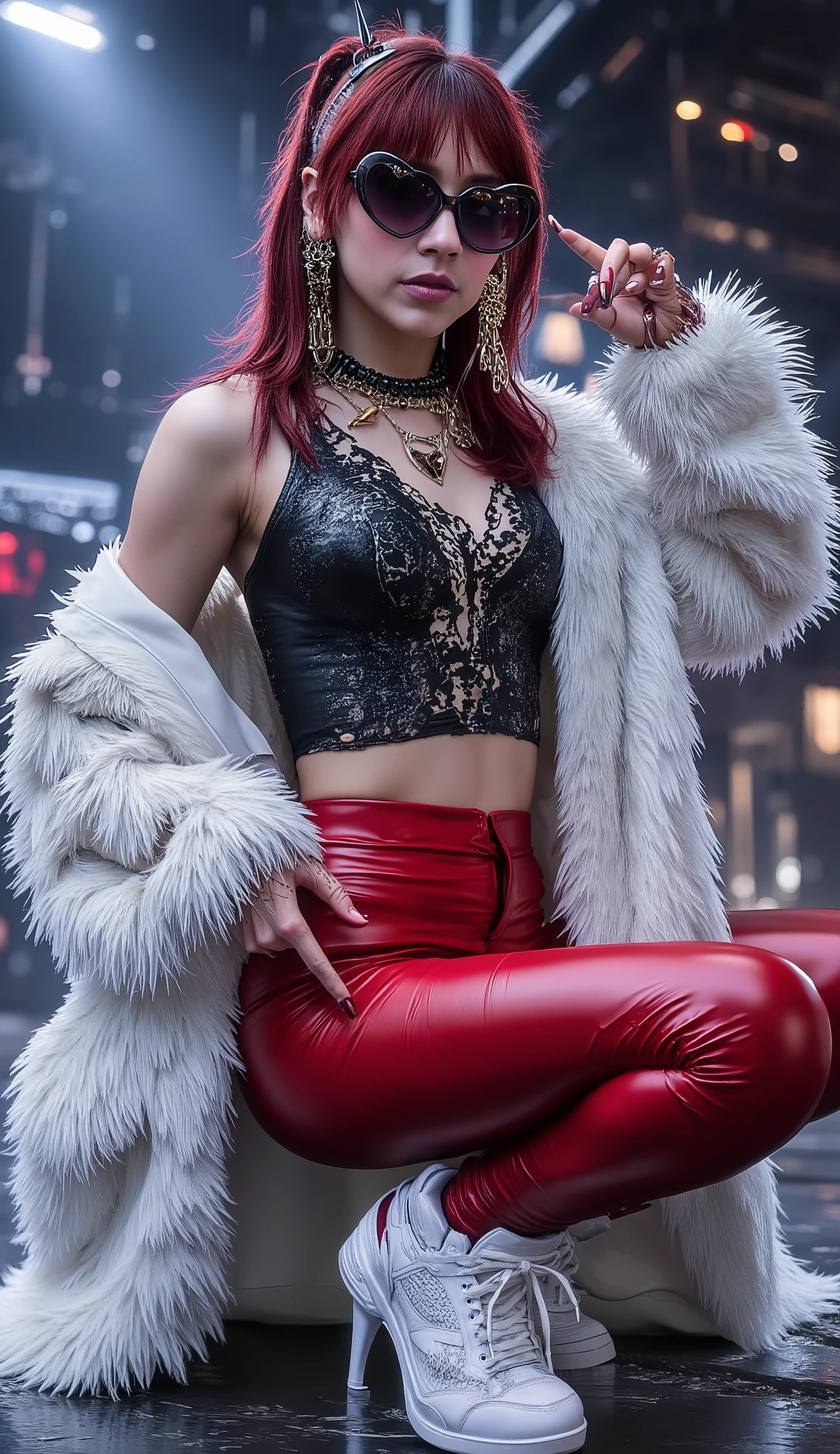 Paulina from the rock band The Warning, she is wearing a white fur coat, underneath is a black crop top with a deep v neckline, red fitted latex leggings and white puma suede xl sneakers in the style of high heels, add her a heart frame sunglass, normal hands, natural hands, not extra fingers, set the scenario in A futuristic otherworldly city with flying ship A complex of buildings that combines skyscrapers and magical technology, an otherworldly market decorated with fantastical lights, A wide variety of races gather, Selling rare items