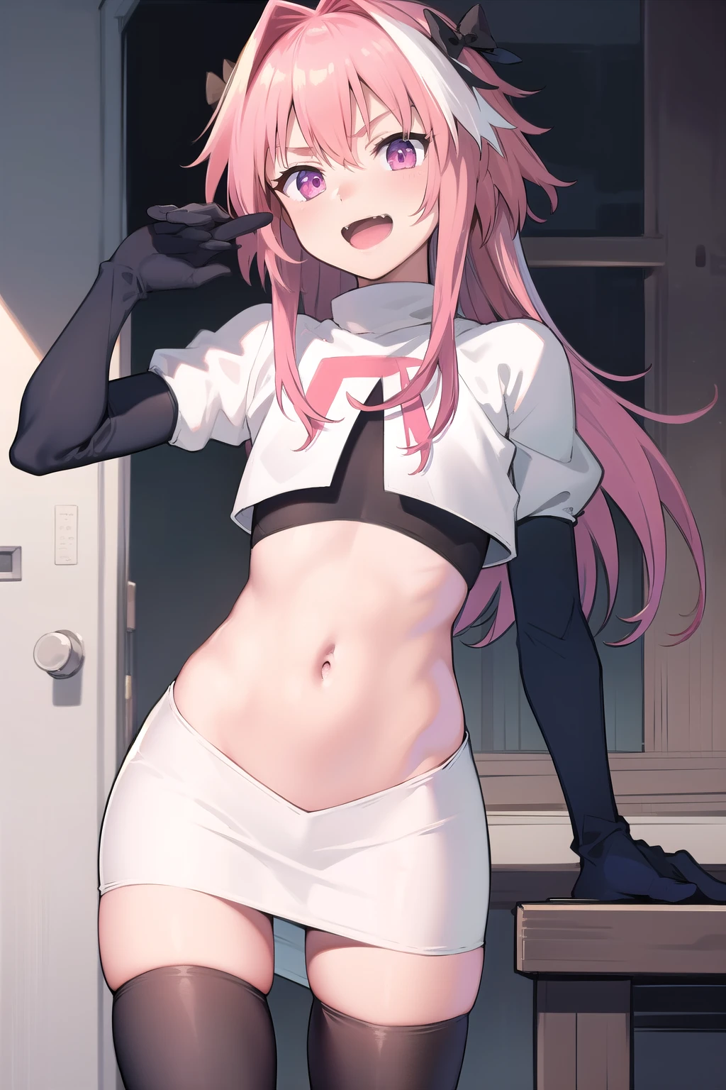 absurdres, masterpiece, best quality, (astolfo fate:1.2155), 1boy, male focus, trap, pink multicolored hair, pink hair, white hair, hair intakes, long hair, pink detailed eyes, crossdressing,1boy, team rocket,team rocket uniform, red letter R, white skirt,white crop top,black thigh-highs,black elbow gloves