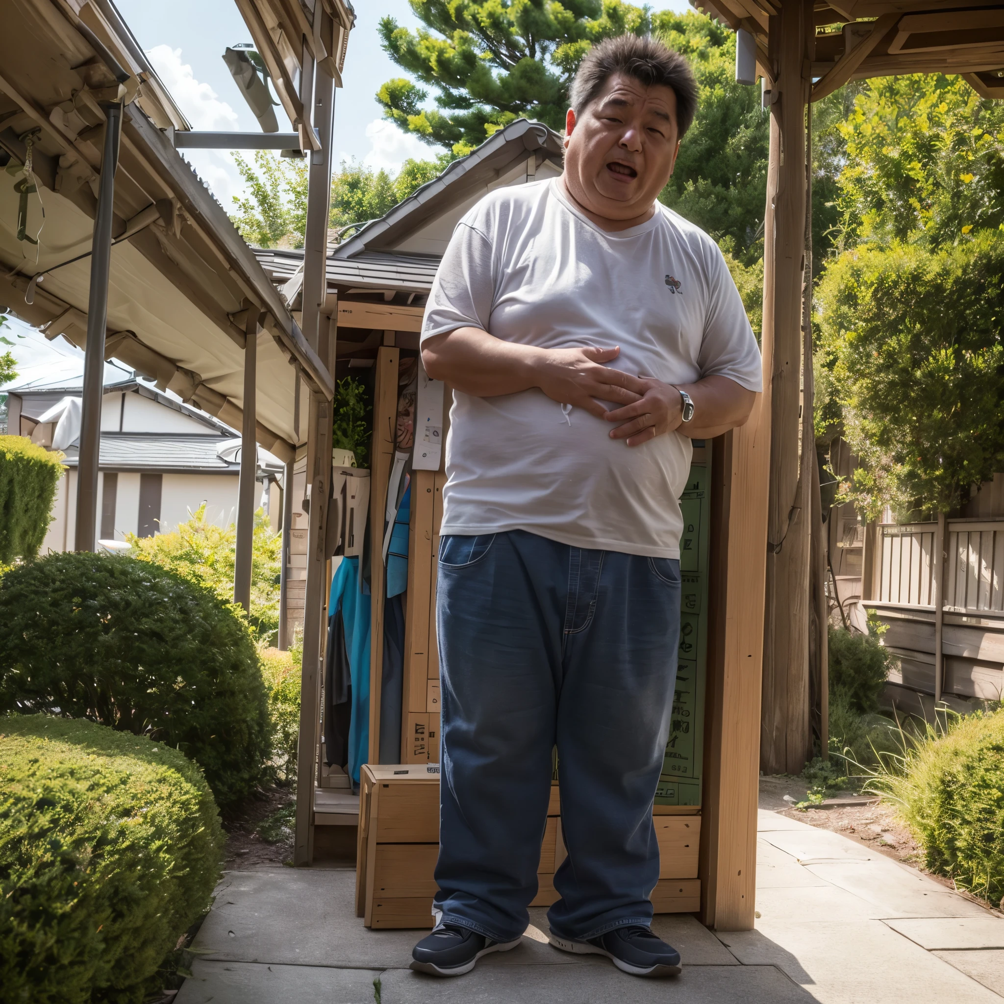 Thick Japan middle-aged man in his 50s, 1man, retarded, Dwarfism, He wears a White diaper, Pampers, shirtless, ((peeing self, pee stains,)), ((trembling, fear expression, scared, looking at viewer)), kindergarten background, It's a sunny day, He crying and Incontinence in playground, Full body, a picture, 8k, high detail photo, Masterpiece