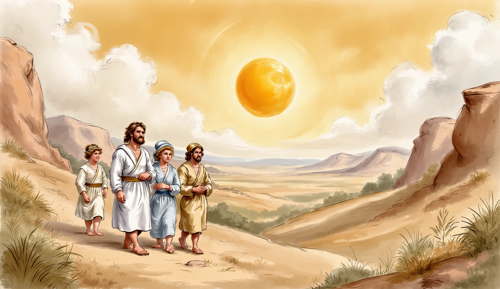 Refrence: " My book of bible stories "
A desert, hot and sunny
(masterpiece best quality:1.2) delicate illustration ultra-detailed,