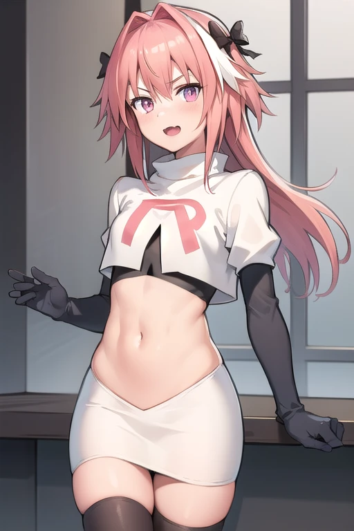 absurdres, masterpiece, best quality, (astolfo fate:1.2155), 1boy, male focus, trap, pink multicolored hair, pink hair, white hair, hair intakes, long hair, pink detailed eyes, crossdressing,1boy, team rocket,team rocket uniform, red letter R, white skirt,white crop top,black thigh-highs,black elbow gloves