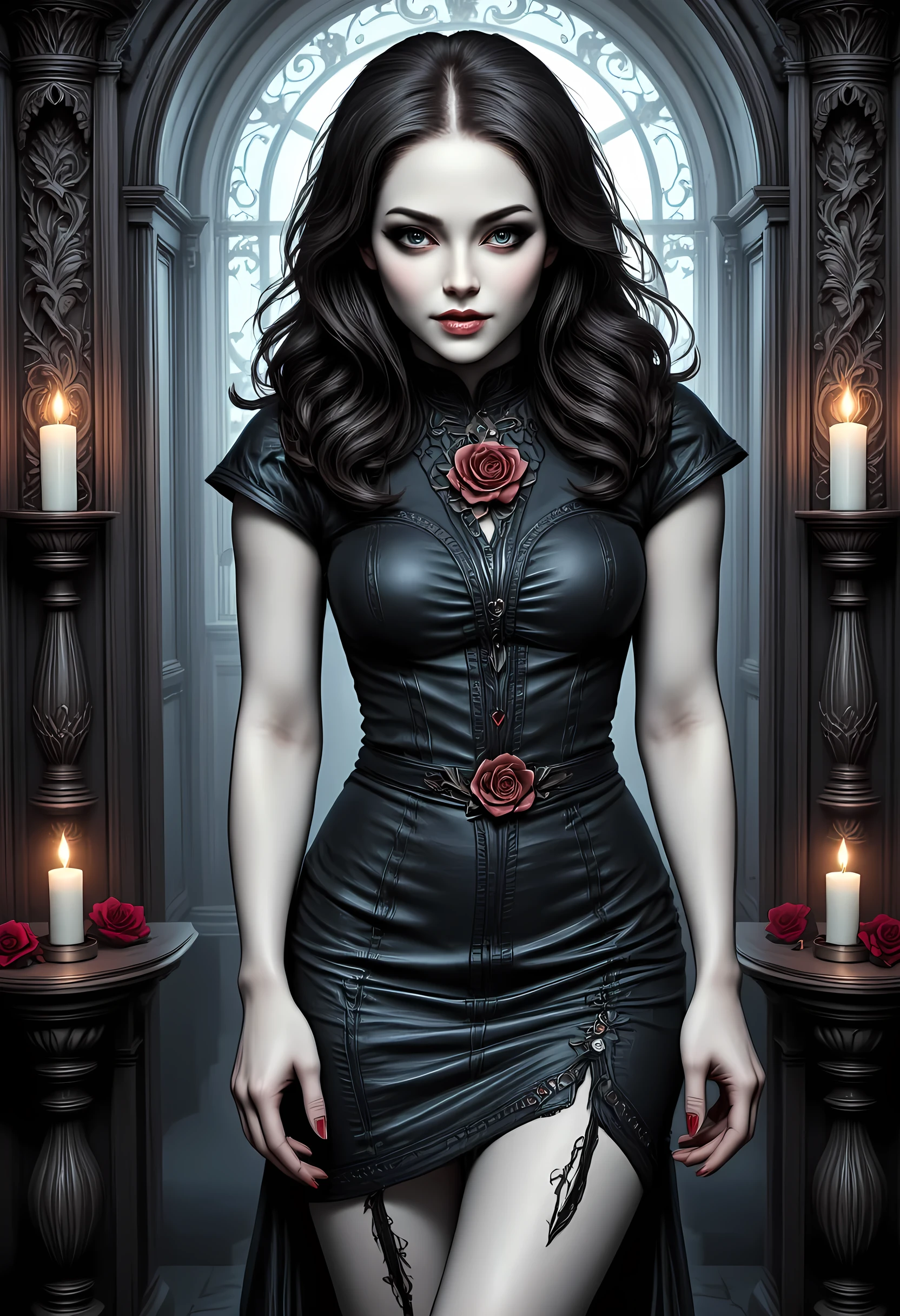 Arafed, Dark fantasy art, fantasy art, goth art, a picture of a goth female vampire, pale white skin, Ultra detailed face, Best Detailed face, black hair, long hair, wavy hair, glowing blue eyes, (vampire fangs: 1.3), blood stains, she wears a black leather dress, intricate dress, tight dress, there are roses imprinted on the dress, red roses, high heels, candles light, full body shot, dark glamour shot, dark castle, dark, black and color, Art Deco, hyp3rd3tail style, fangs