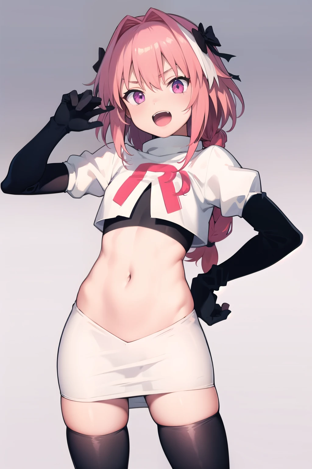 (masterpiece, best quality), 1girl, <lora:MikuNisokuClothing1927:0.8> sleeveless shirt, layered shirt, layered skirt, crop top, wrist cuffs,gradient legwear, red thighhighs,high heels, boots,hair flower, ribbon,