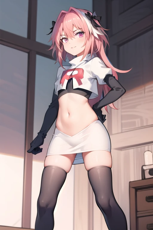 absurdres, masterpiece, best quality, astolfo fate,1boy, male focus, trap, pink multicolored hair, pink hair, white hair, hair intakes, long hair, pink detailed eyes, crossdressing,1boy, team rocket,team rocket uniform,white skirt,red letter R,crop top,black thigh-highs,black elbow gloves, cowboy shot