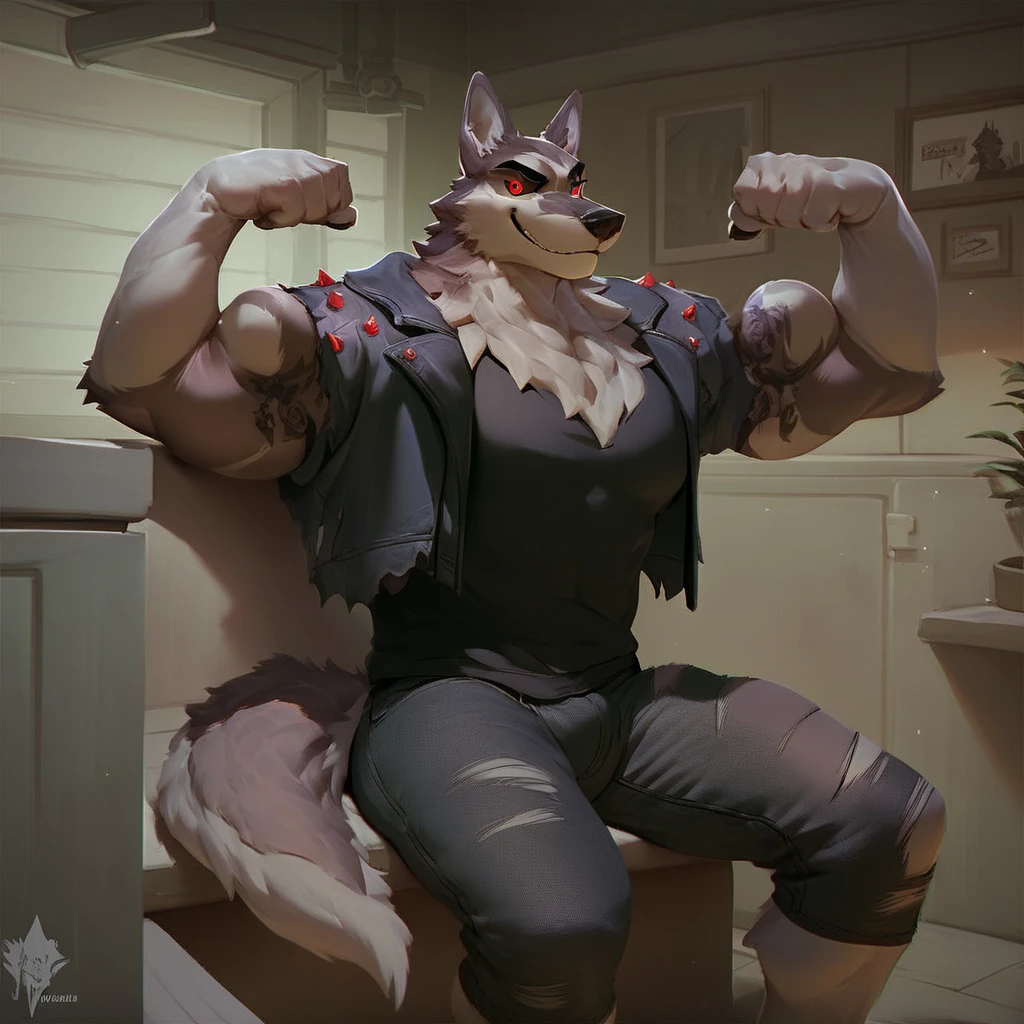 Vortex, colored sclera, smile, animal ears, tattoo, sitting, furry male, anthro, standing, 1boy, thighs, jacket, red eyes, indoors, flexing, wolf, anthro male, torn clothes