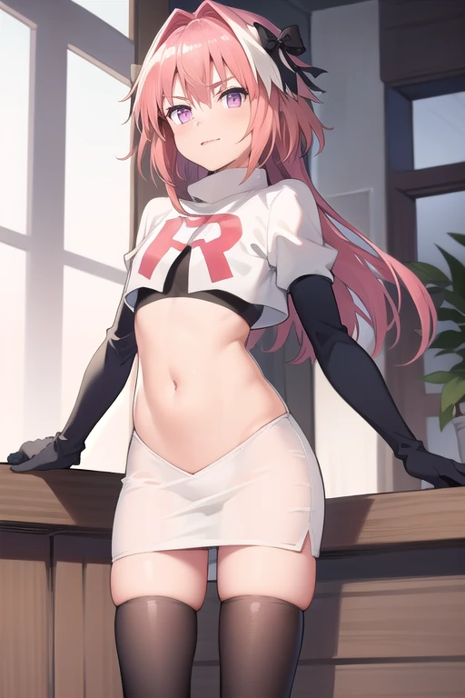 absurdres, masterpiece, best quality, astolfo fate,1boy, male focus, trap, pink multicolored hair, pink hair, white hair, hair intakes, long hair, pink detailed eyes, crossdressing,1boy, team rocket,team rocket uniform,white skirt,red letter R,crop top,black thigh-highs,black elbow gloves, cowboy shot