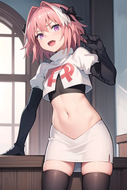 absurdres, masterpiece, best quality, astolfo fate,1boy, male focus, trap, pink multicolored hair, pink hair, white hair, hair intakes, long hair, pink detailed eyes, crossdressing,1boy, team rocket,team rocket uniform,white skirt,red letter R,crop top,black thigh-highs,black elbow gloves, cowboy shot
